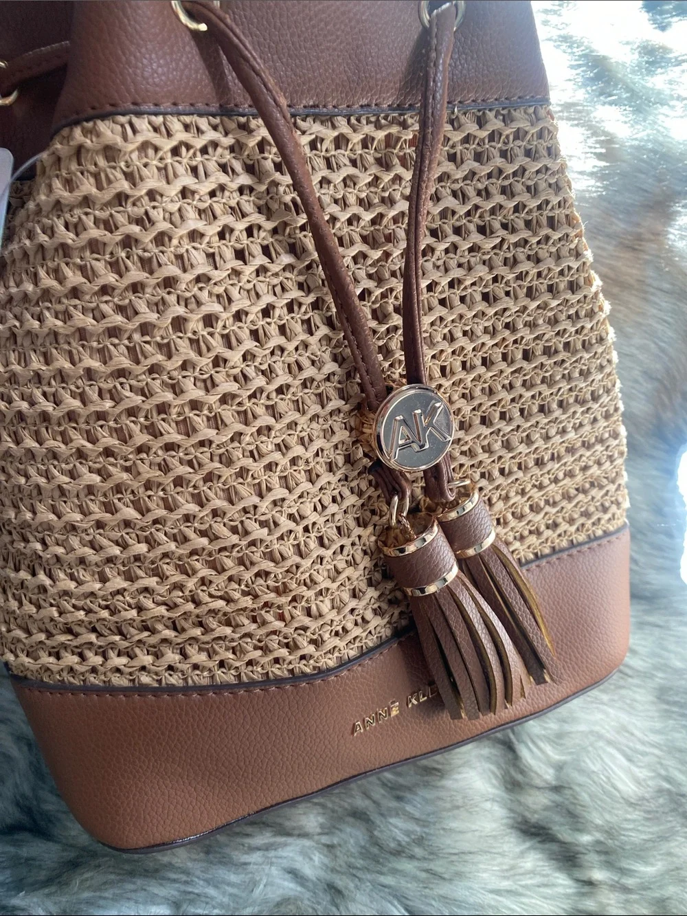 Anne Klein Brown and Tan Woven Bucket Bag